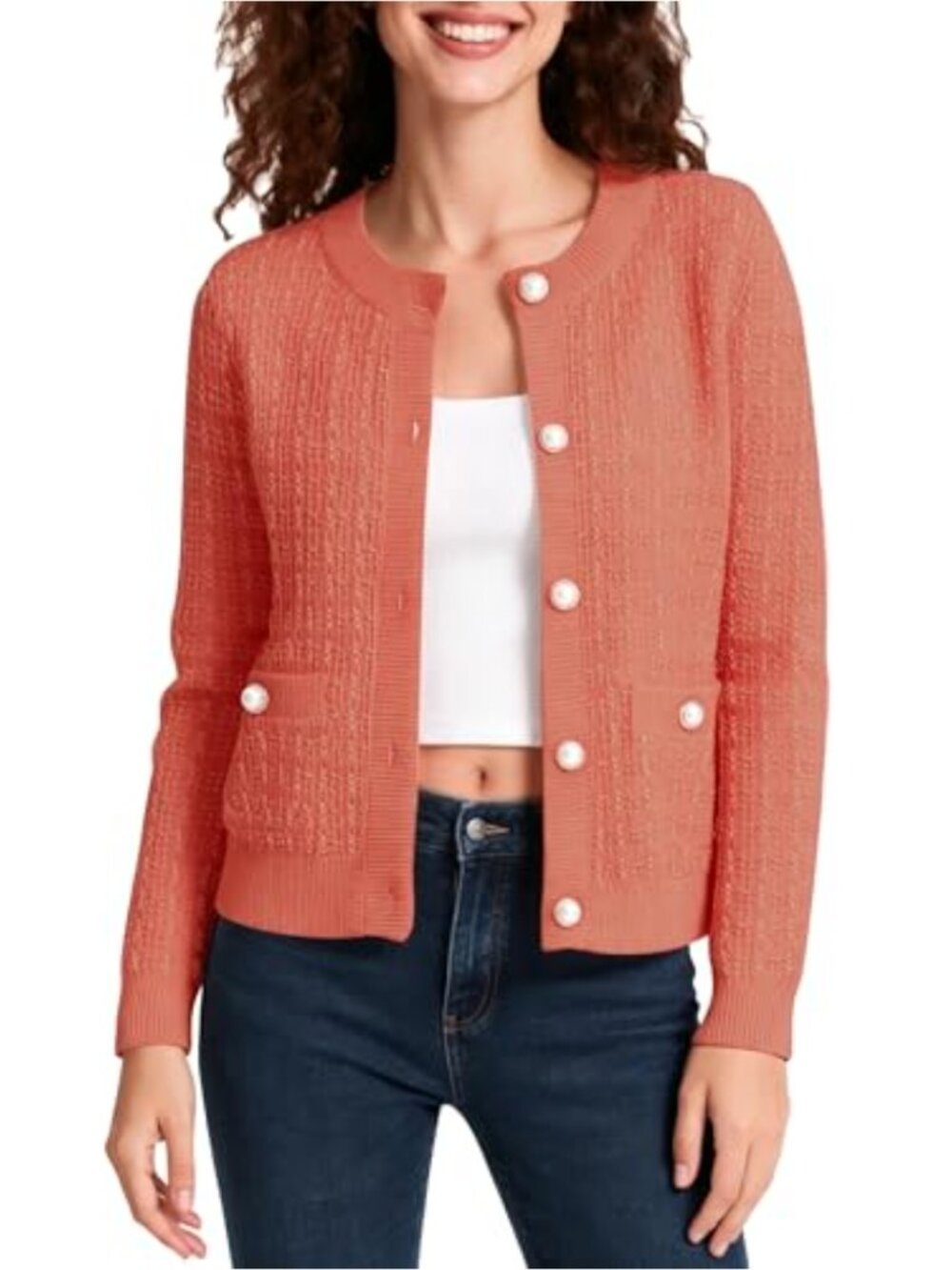 Women's Open Front Button Down Knit Cropped Cardigan Long Sleeve Sweater
